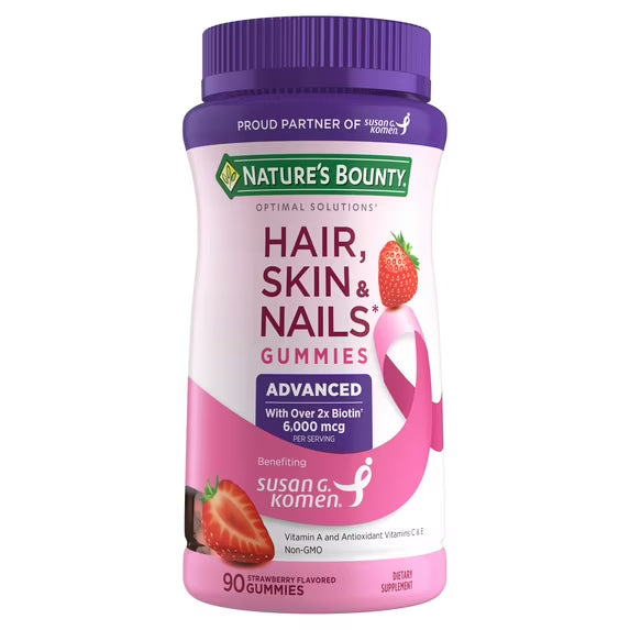 Nature's Bounty Gomitas Avanzadas para Cabello, Piel y Uñas - Biotina 6000 mcg - Vitaminas A, C y E - Sabor Fresa - 90 Unidades