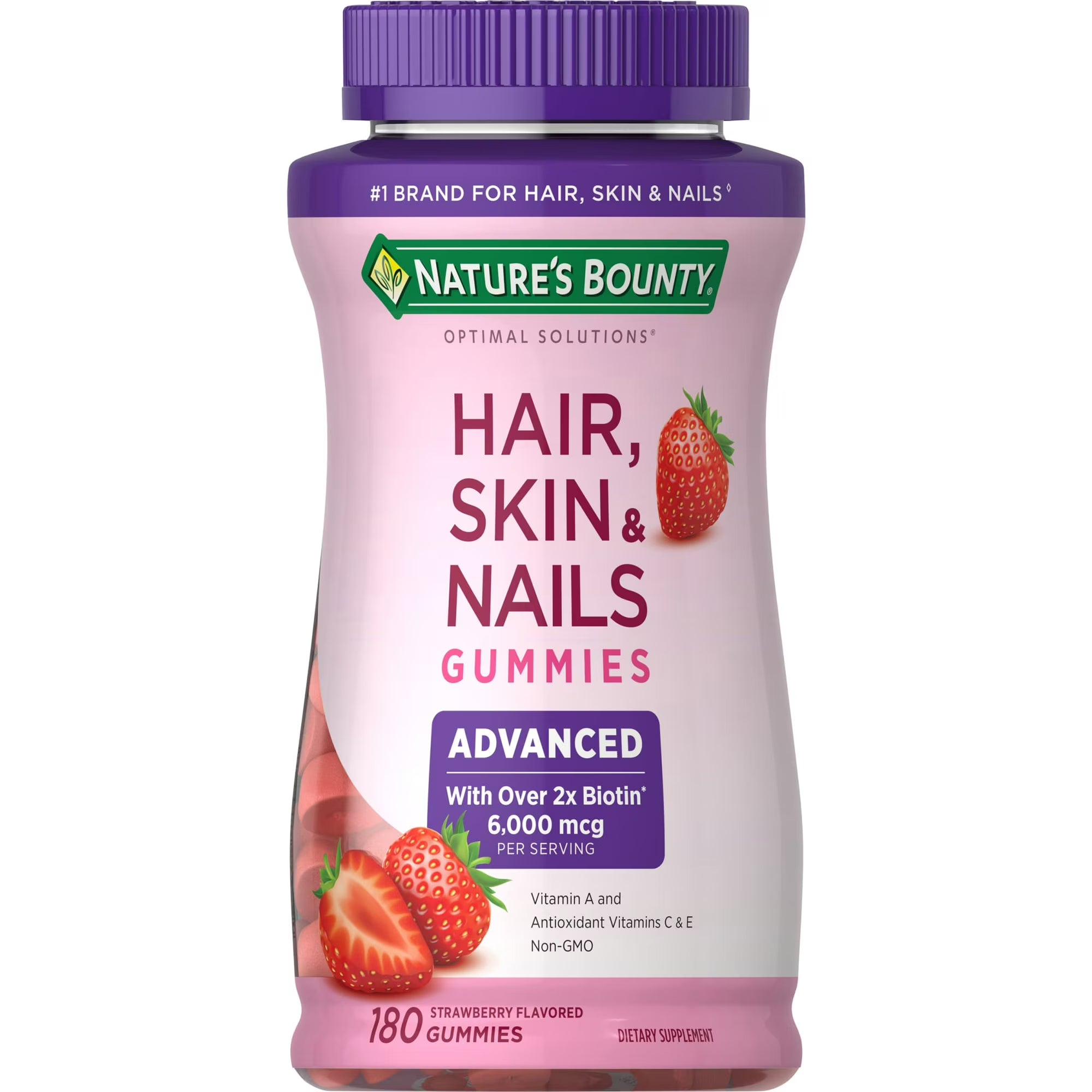 Nature's Bounty Gomitas Avanzadas para Cabello, Piel y Uñas - Biotina 6000 mcg - Vitaminas A, C y E - Sabor Fresa - 90 Unidades