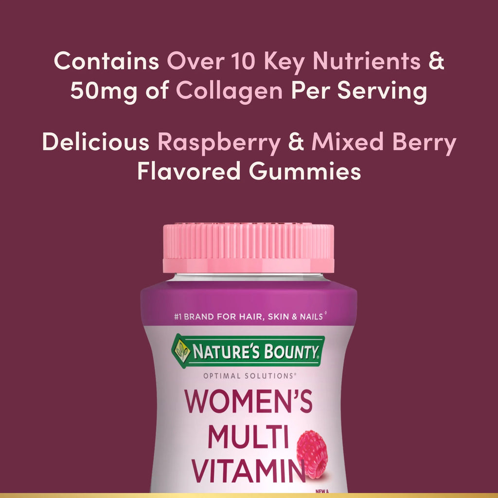 Nature's Bounty Optimal Solution Gomitas Multivitamínicas para Mujeres, 50 mg de Colágeno, Energía Celular, Soporte Inmunológico y Óseo, Sabor a Bayas y Frambuesa, 140 Unidades
