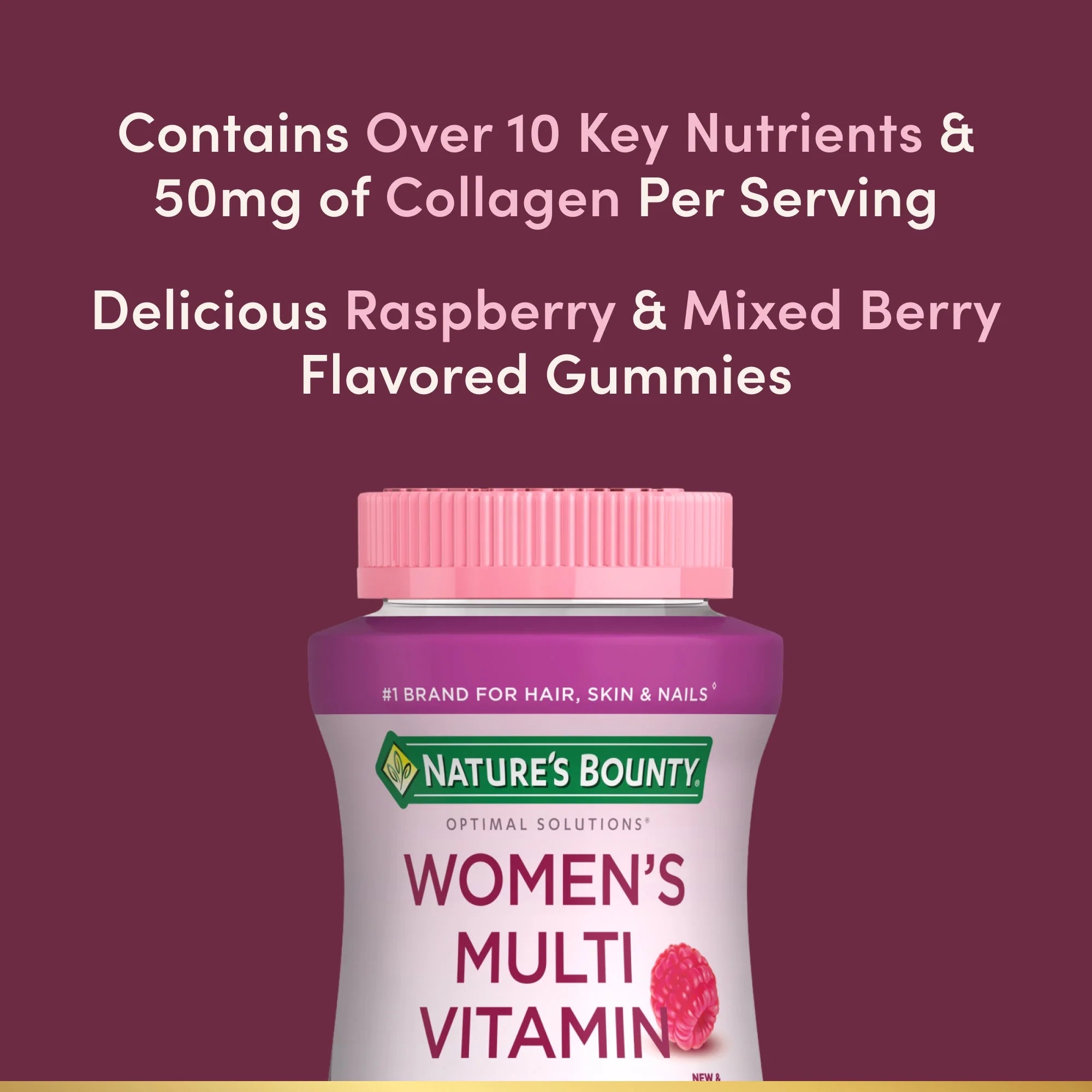 Nature's Bounty Optimal Solution Gomitas Multivitamínicas para Mujeres, 50 mg de Colágeno, Energía Celular, Soporte Inmunológico y Óseo, Sabor a Bayas y Frambuesa, 140 Unidades
