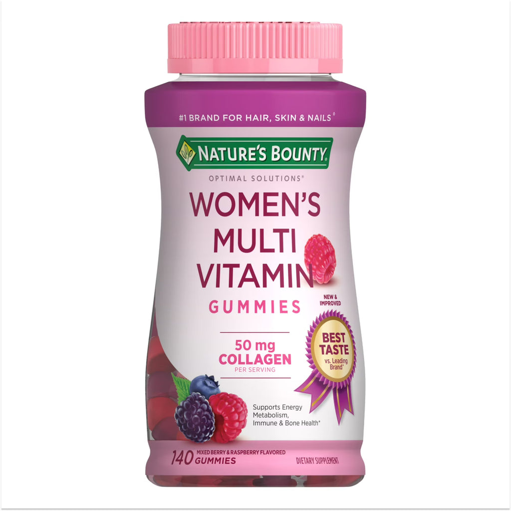 Nature's Bounty Optimal Solution Gomitas Multivitamínicas para Mujeres, 50 mg de Colágeno, Energía Celular, Soporte Inmunológico y Óseo, Sabor a Bayas y Frambuesa, 140 Unidades